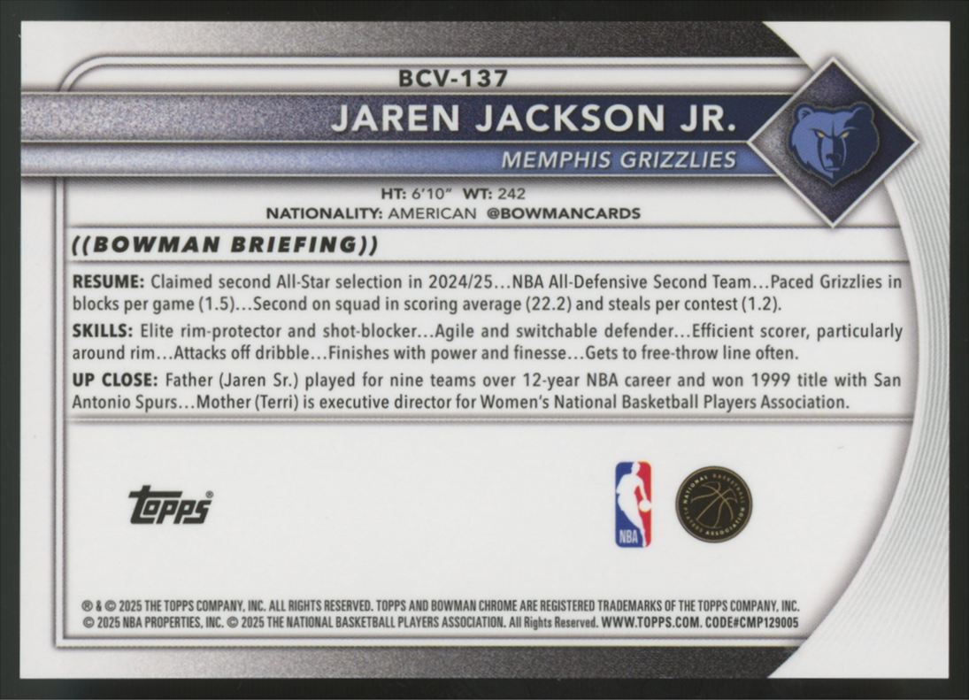 2025-26 Bowman Chrome Sapphire Jaren Jackson Jr. Padparadscha 1/1 #BCV-137