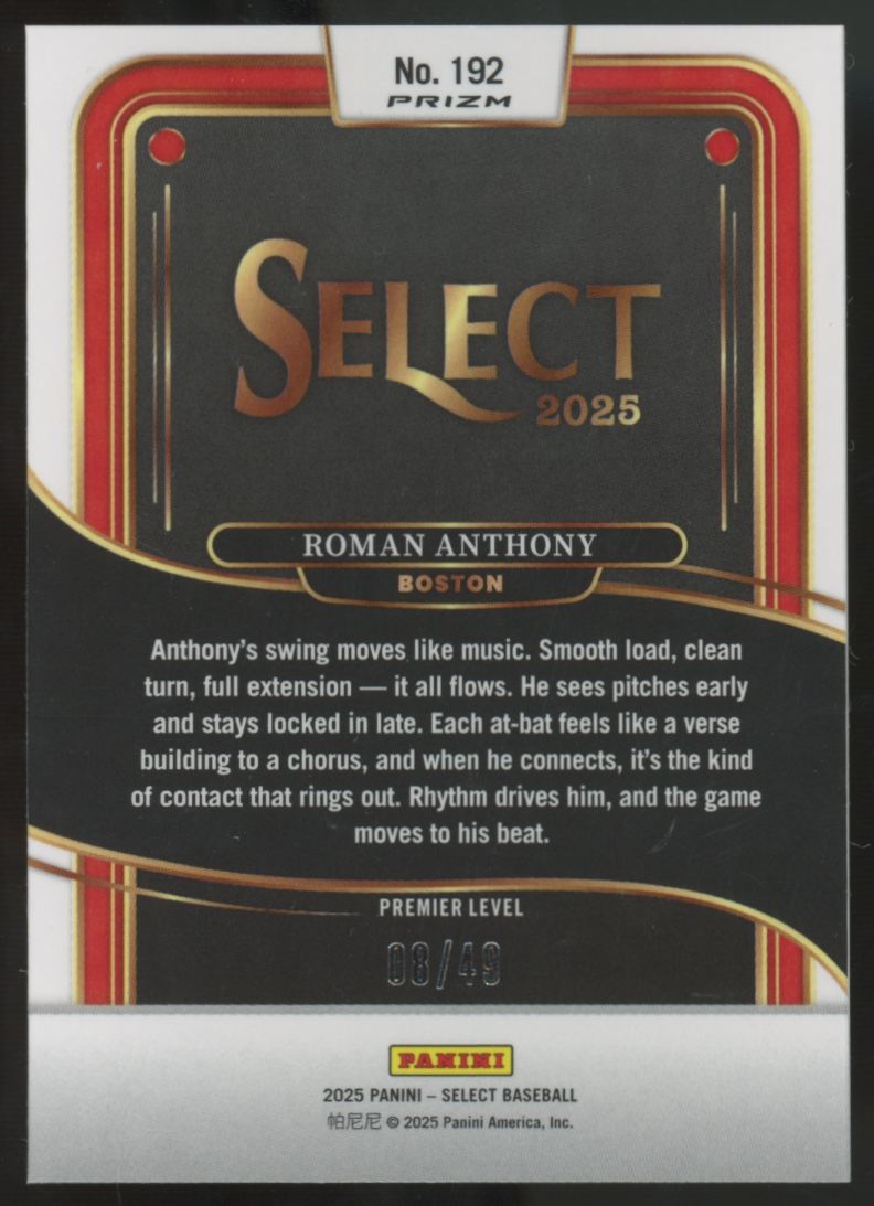 2025 Panini Select Roman Anthony RC Premier Level Orange Prizm /49 #192