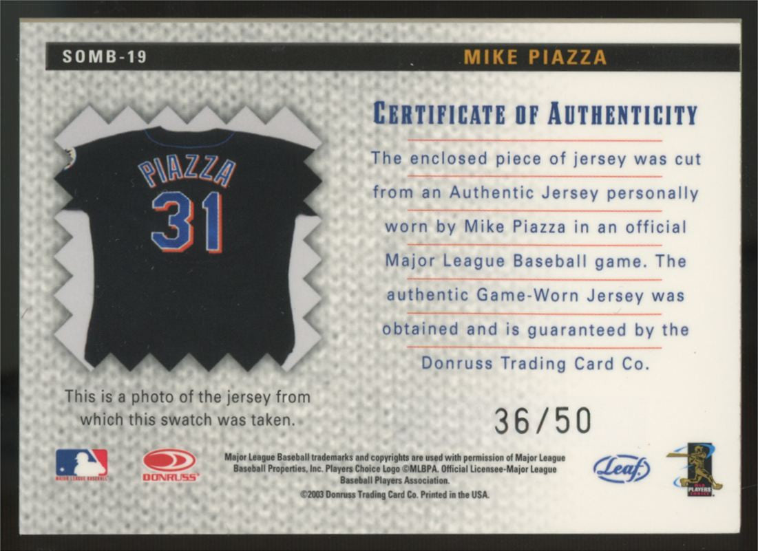 2004 Leaf Mike Piazza Shirt Off My Back Jersey Number Patch /50 #SOMB-19