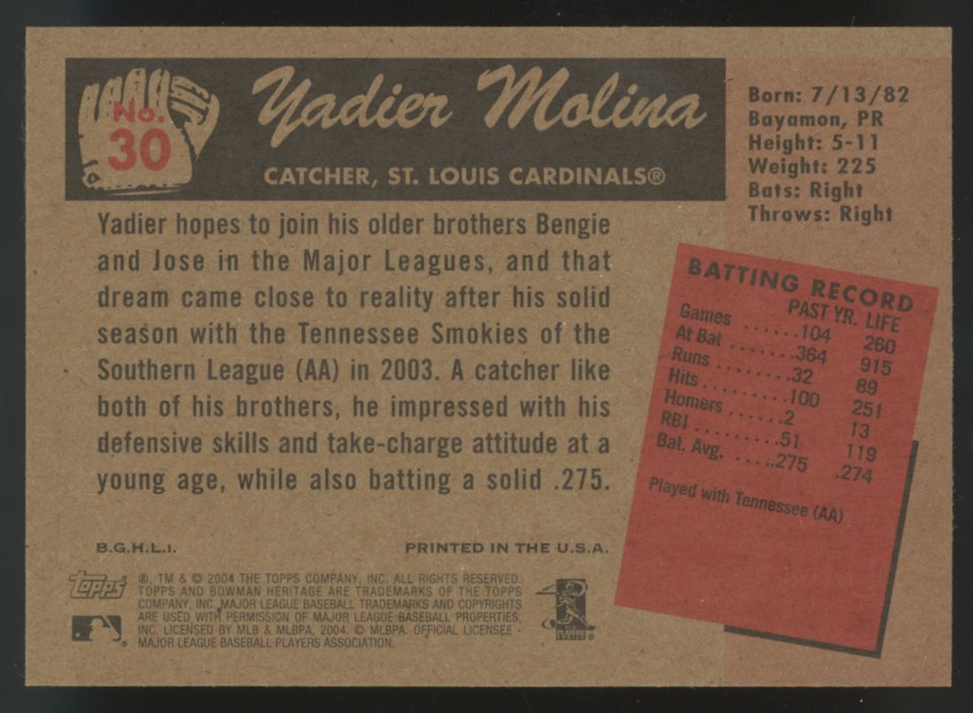 2004 Bowman Heritage Yadier Molina RC First Year #30