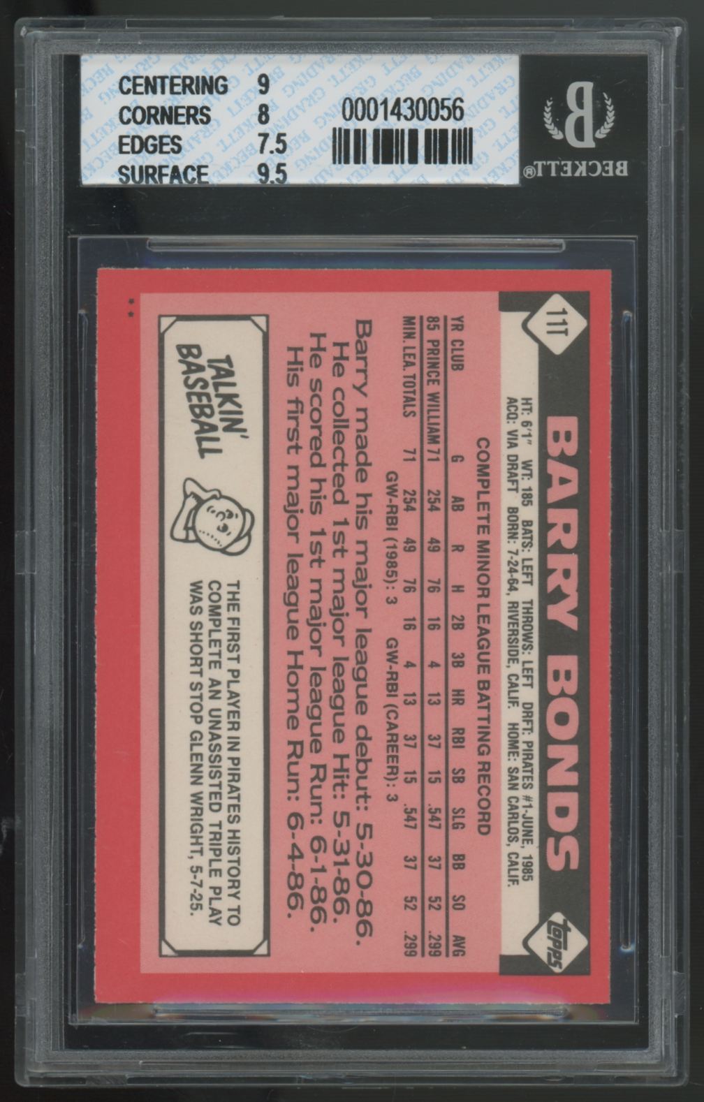 1986 Topps Traded Barry Bonds RC #11T BGS 8 *056