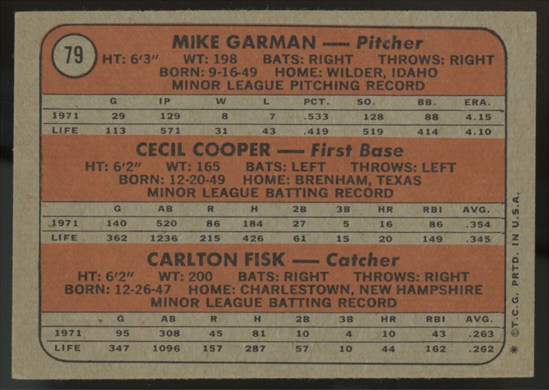 1972 Topps Carlton Fisk, Garman, Cooper RC #79 EX