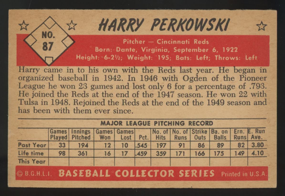 1953 Bowman Color Harry Perkowski #87 NM