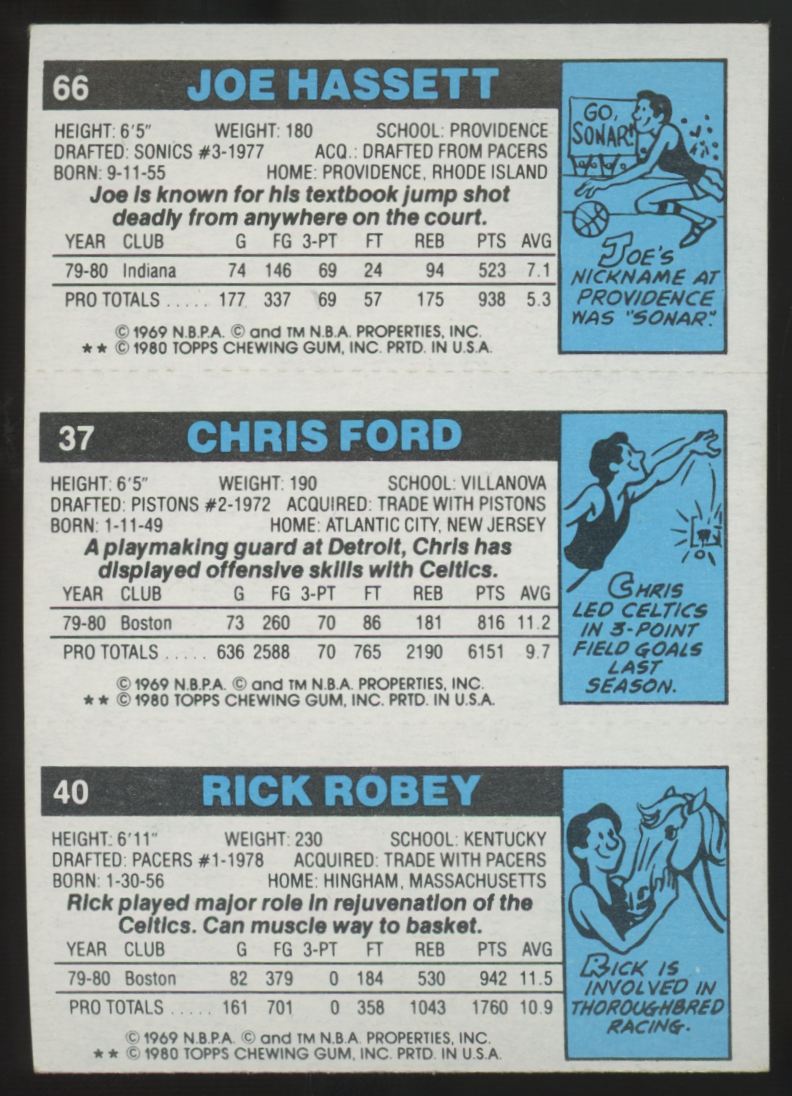 1980-81 Topps Joe Hassett/ Chris Ford/ Rick Robey Blank Front #66 #37 #40