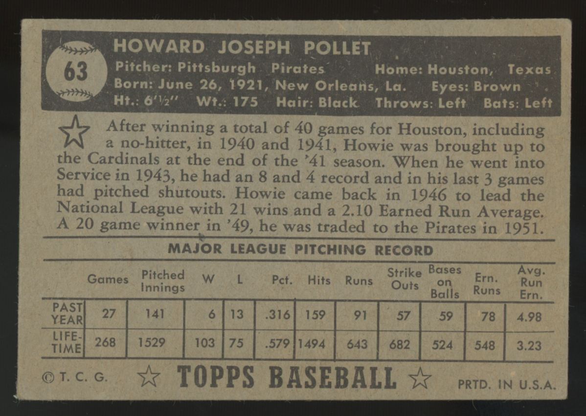 1952 Topps Howie Pollet Black Back #63 VG/EX