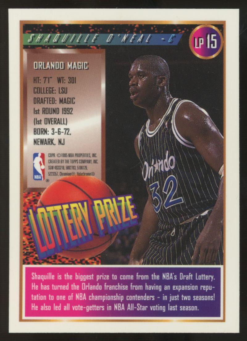 1995-96 Topps Finest Shaquille O'Neal Lottery Prize W/Coating #LP15