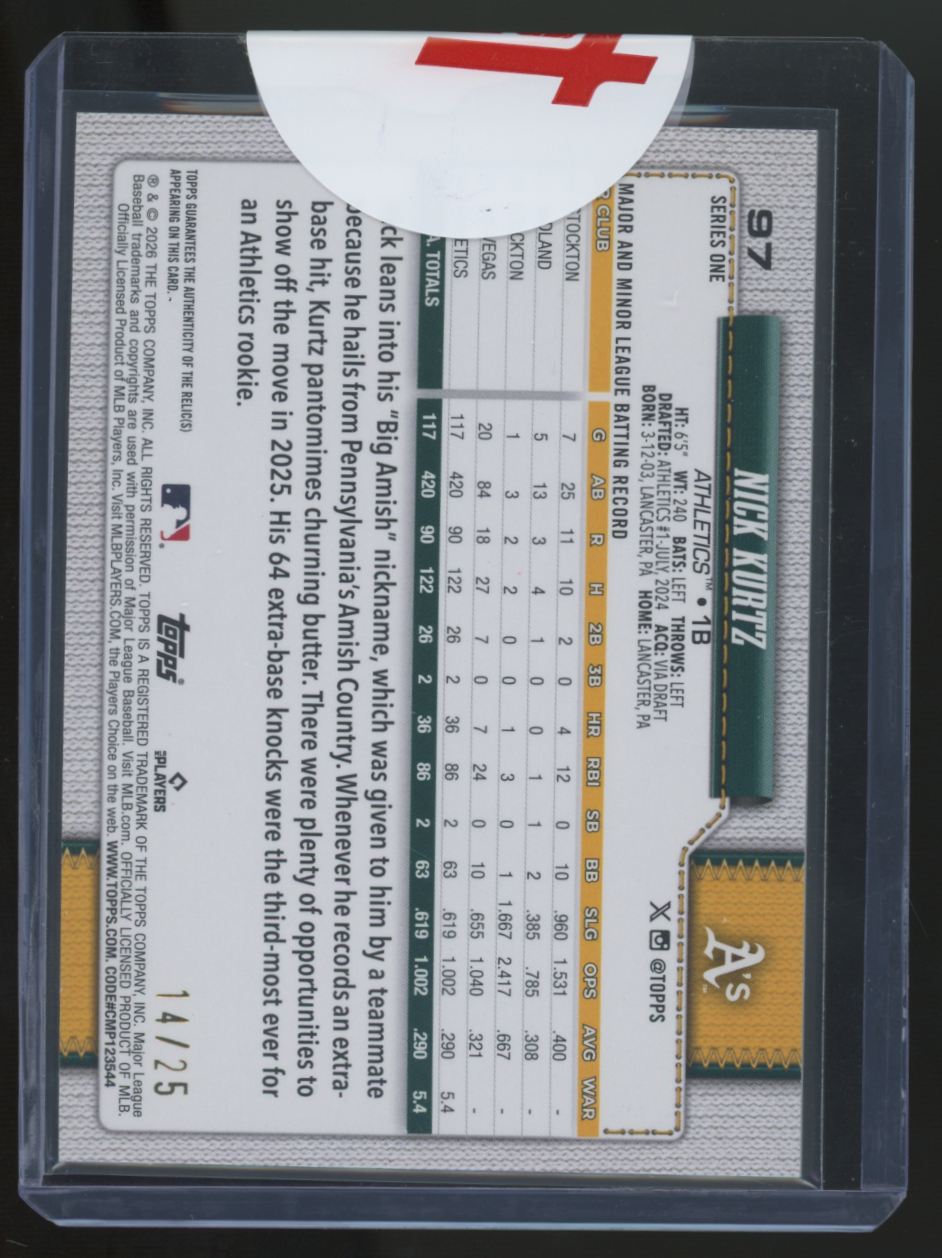 2026 Topps Series One Nick Kurtz Orange Real One Patch /25 #97