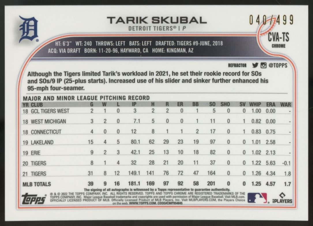 2022 Topps Chrome Tarik Skubal Veteran Refractor Auto /499 #CVA-TS