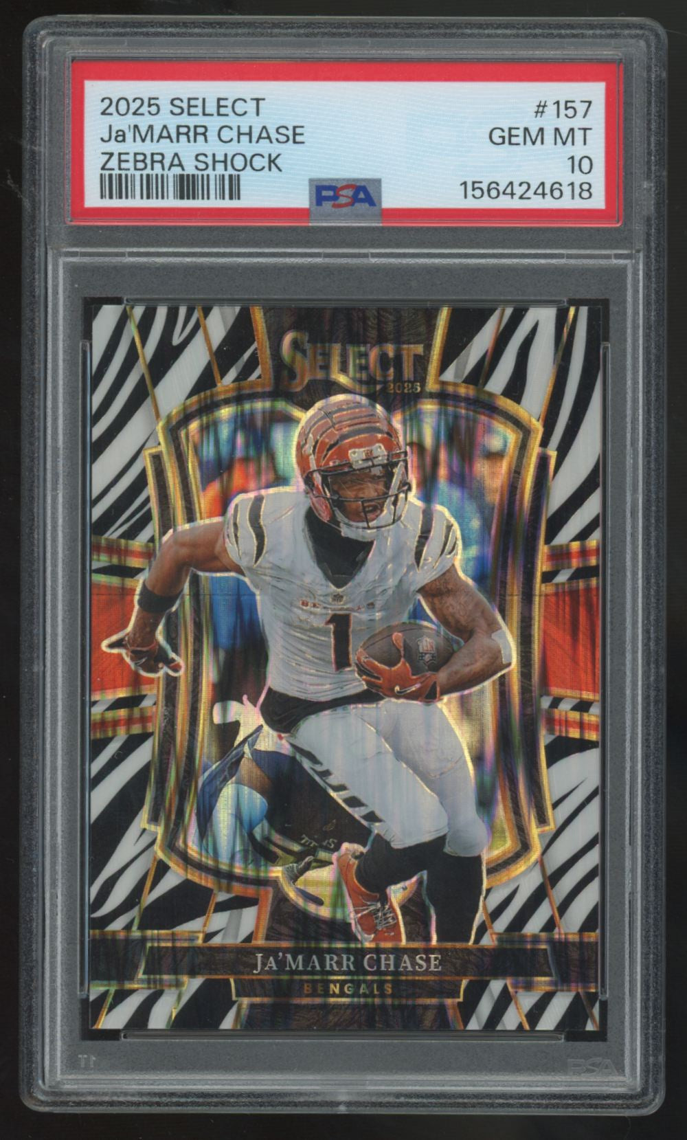 2025 Panini Select Ja'Marr Chase Premier Level Zebra Shock SSP #157 PSA 10