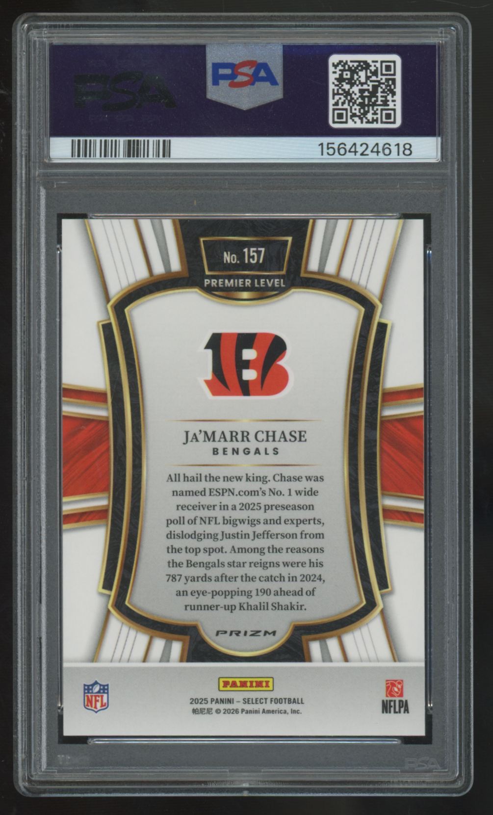 2025 Panini Select Ja'Marr Chase Premier Level Zebra Shock SSP #157 PSA 10