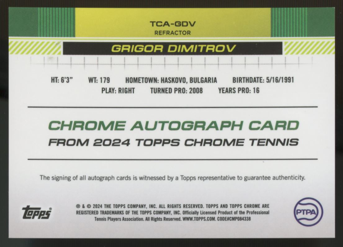 2024 Topps Chrome Tennis Grigor Dimitrov Auto Refractor /99 #TCA-GDV