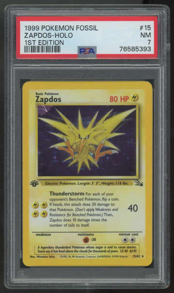 1999 Pokemon Zapdos Fossil 1st Edition Holo #15 PSA 7