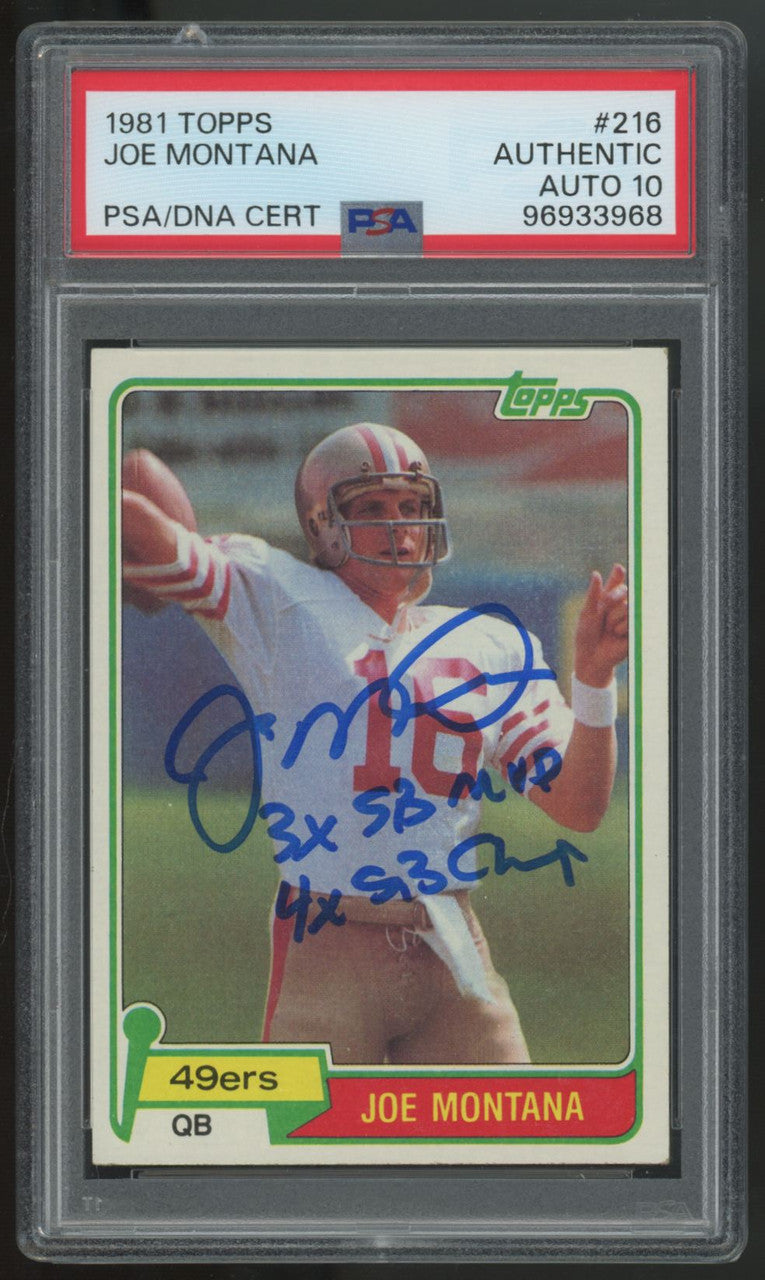 1981 Topps Joe Montana RC Signed Auto 2 Inscriptions #216 PSA Authentic Auto 10