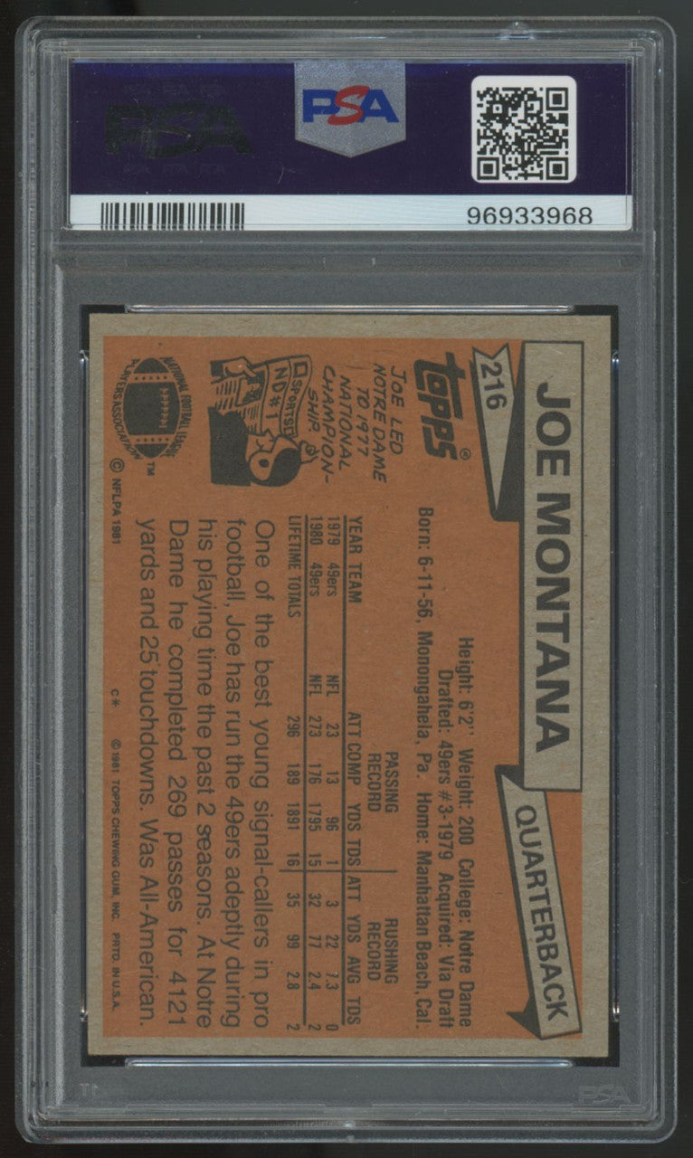 1981 Topps Joe Montana RC Signed Auto 2 Inscriptions #216 PSA Authentic Auto 10