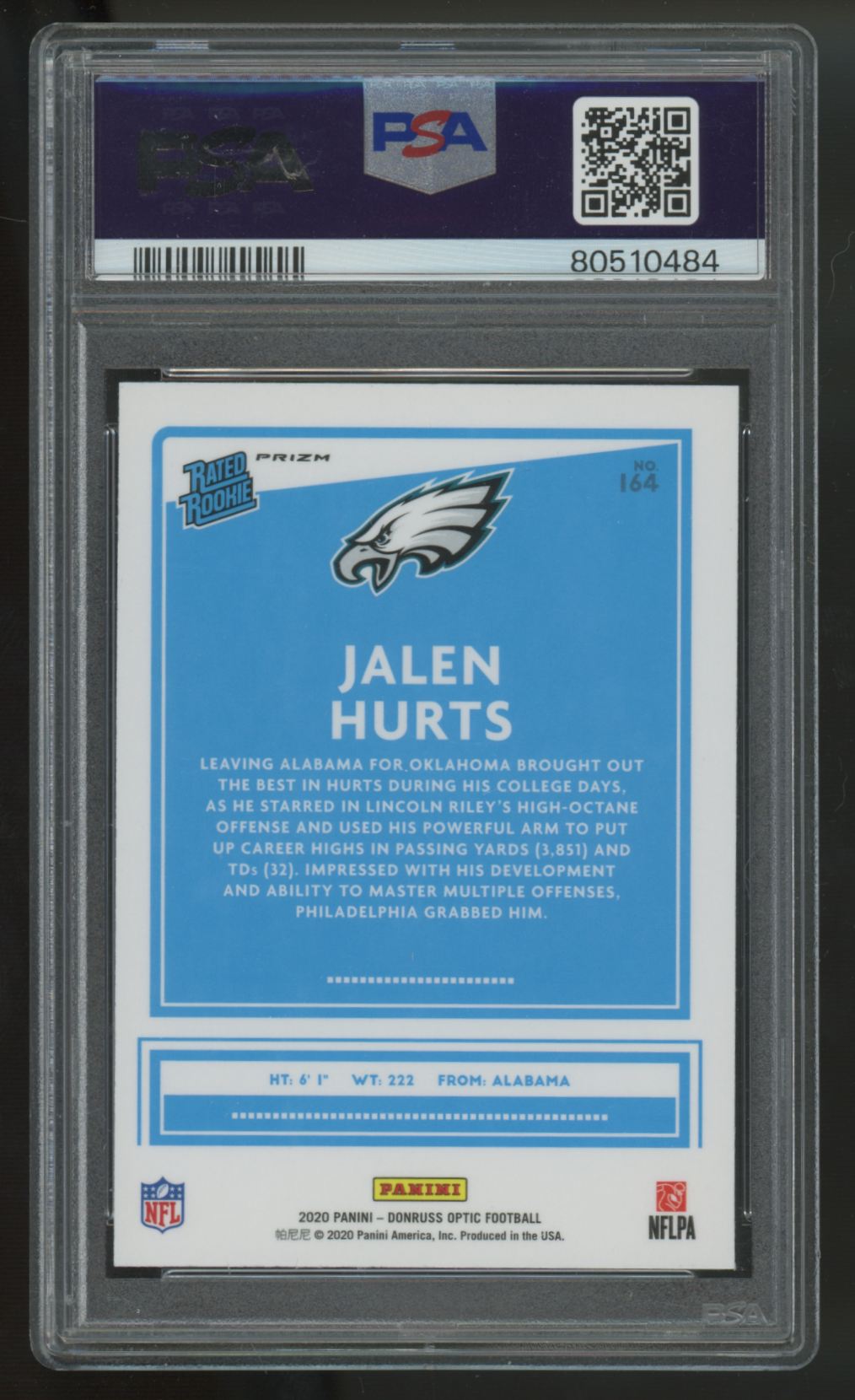 2020 Donruss Optic Jalen Hurts RC Rated Rookie Blue Hyper #164 PSA 9