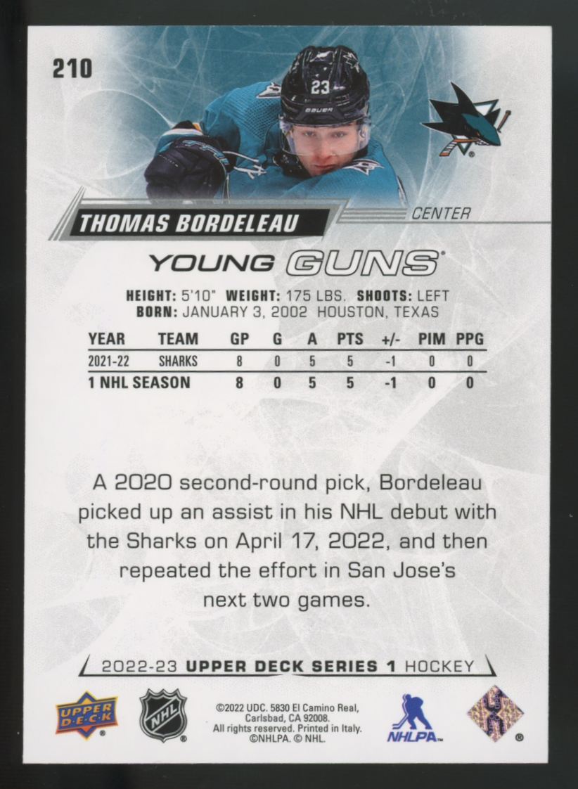 2022-23 UD Series One Thomas Bordeleau RC Exclusives Young Guns /100 #210