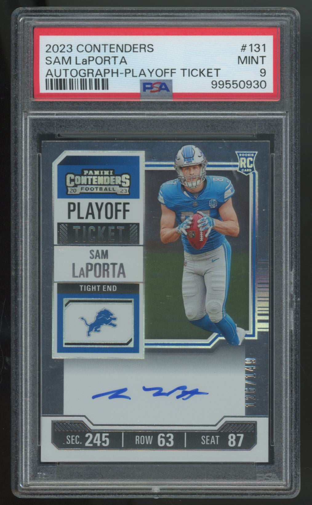2023 Panini Contenders Sam LaPorta RC Playoff Ticket Auto /149 #131 PSA 9