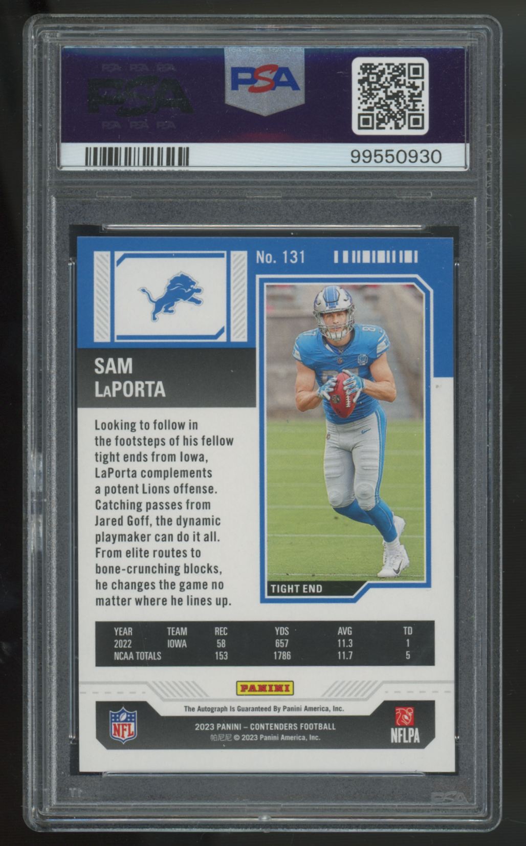 2023 Panini Contenders Sam LaPorta RC Playoff Ticket Auto /149 #131 PSA 9