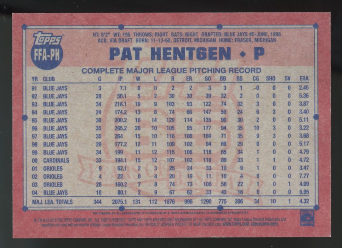 2016 Topps Archives Fan Favorites Pat Hentgen Auto #FFA-PH