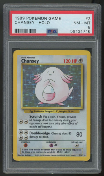 1999 Pokemon Chansey Base Set Unlimited Holo #3 PSA 8