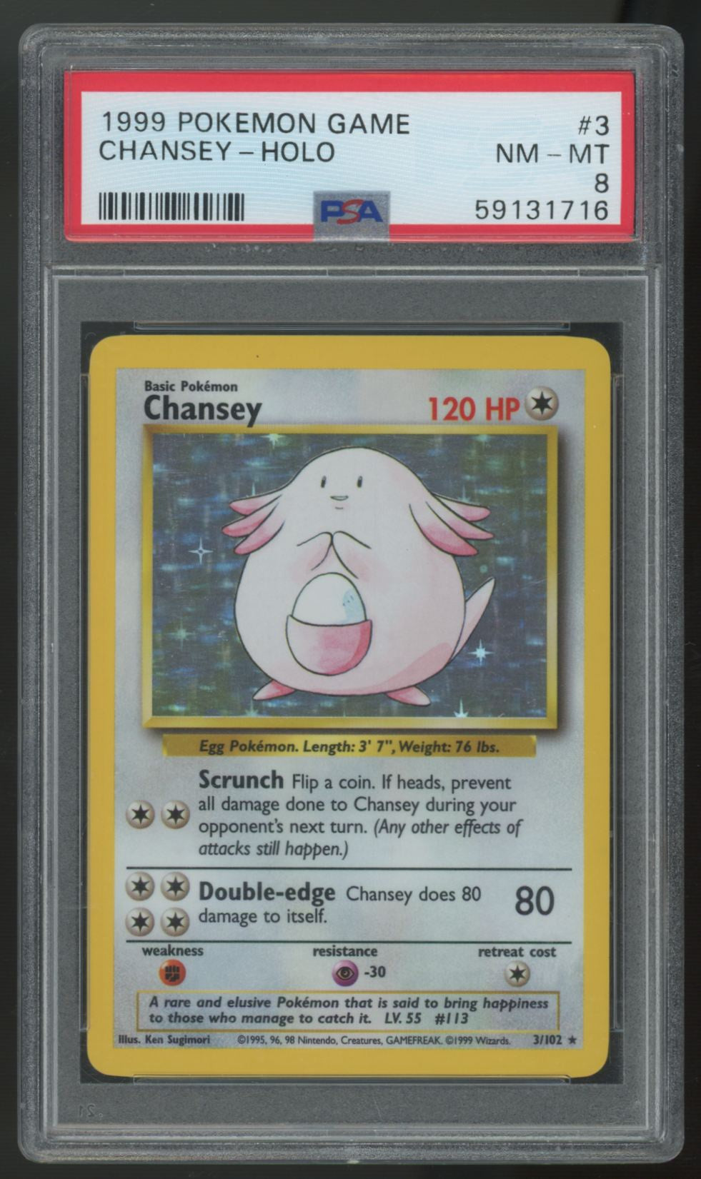 1999 Pokemon Chansey Base Set Unlimited Holo #3 PSA 8