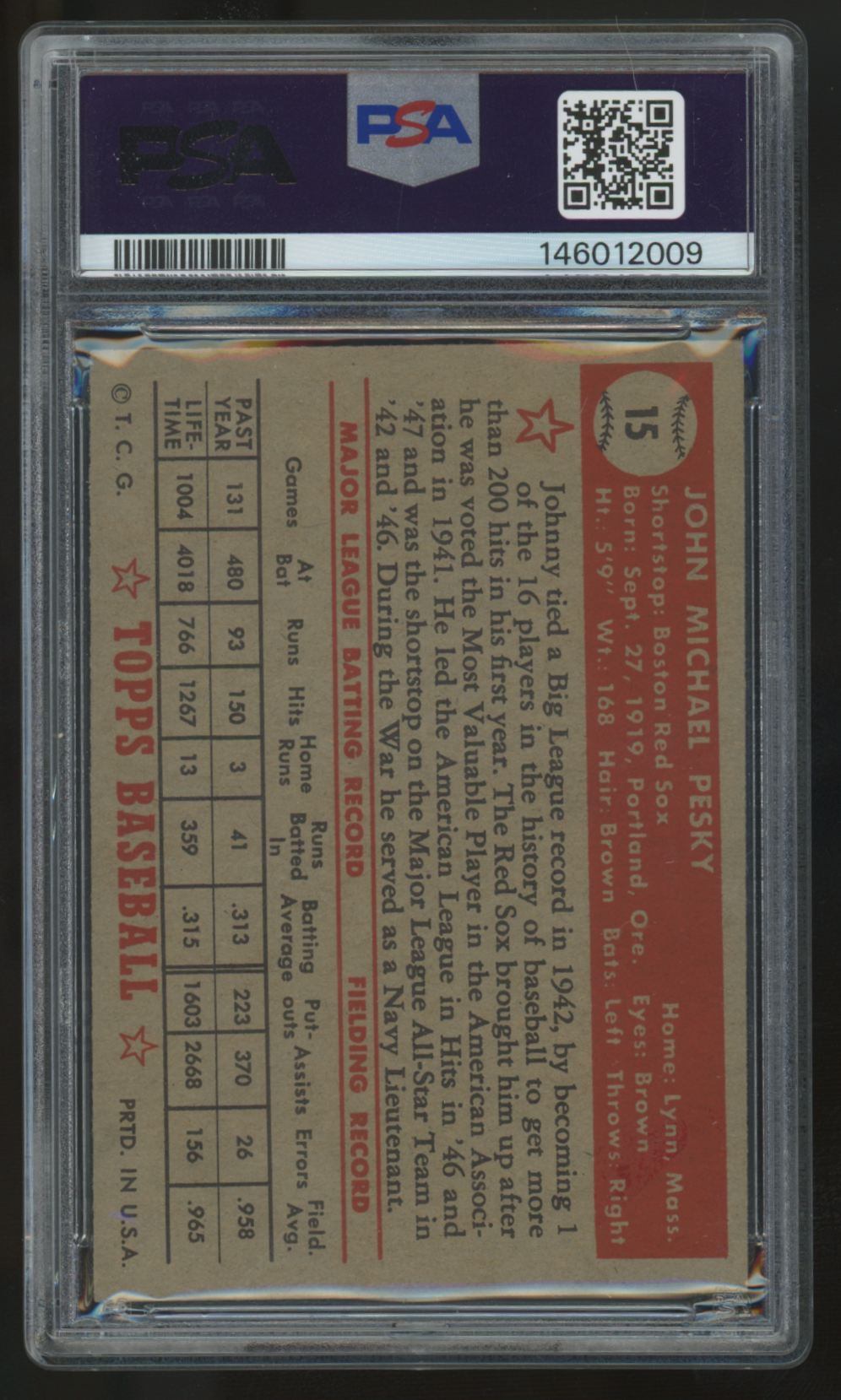 1952 Topps Johnny Pesky #15 PSA 5