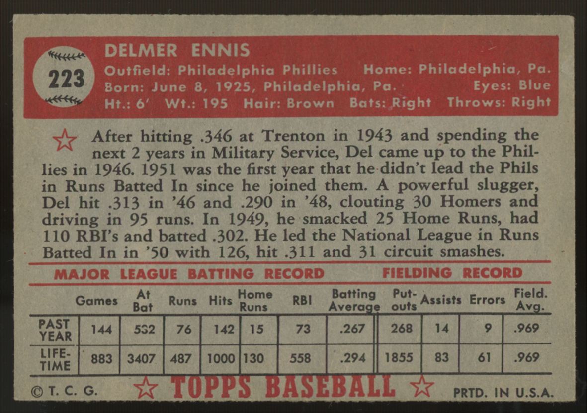 1952 Topps Del Ennis #223 EX+