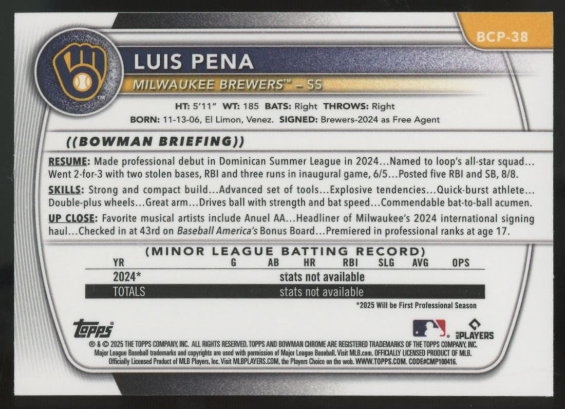 2025 Bowman Luis Pena 1st Chrome Prospect Lava Refractor /399 #BCP-38