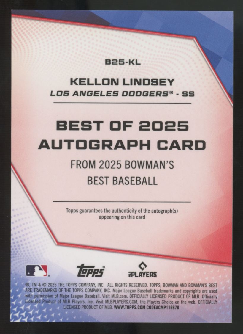 2025 Bowman's Best Kellon Lindsey Purple Best Of '25 Auto Refractor /75 #B25-KL