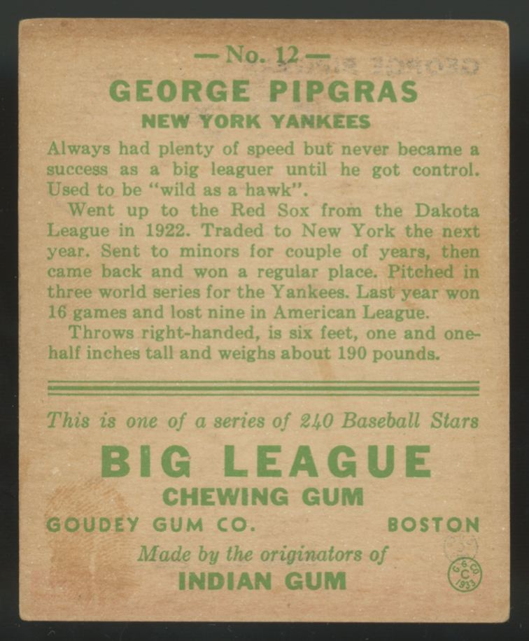 1933 Goudey George Pipgras #12 VG