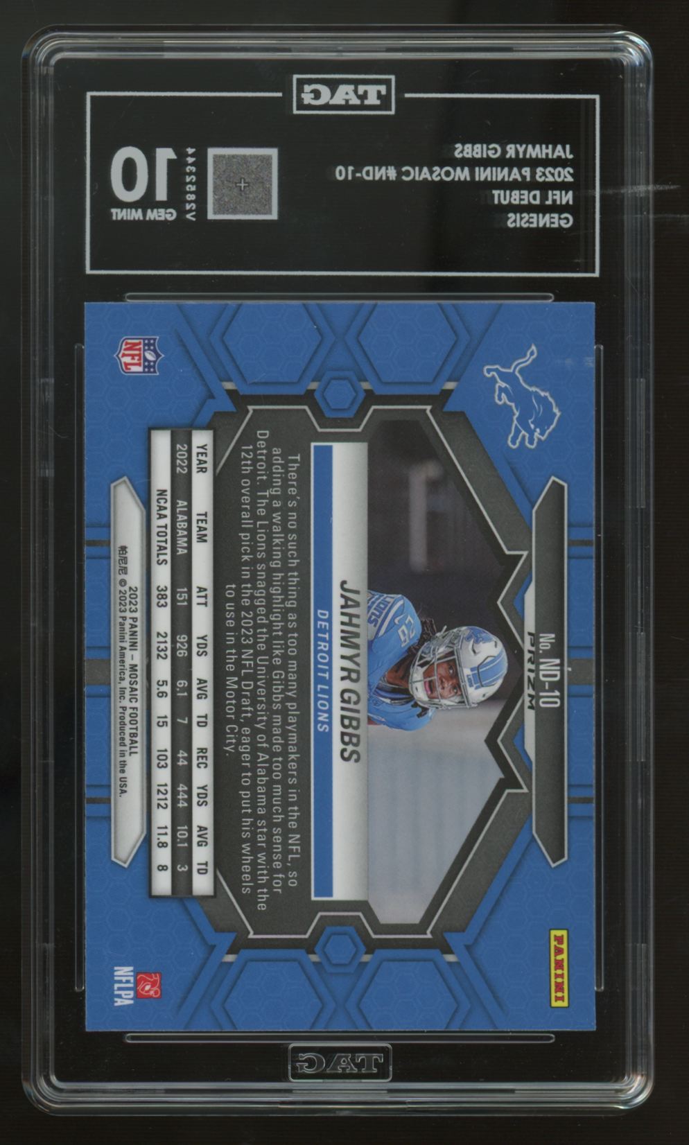 2023 Panini Mosaic Jahmyr Gibbs RC NFL Debut Genesis Prizm SSP #ND-10 TAG 10