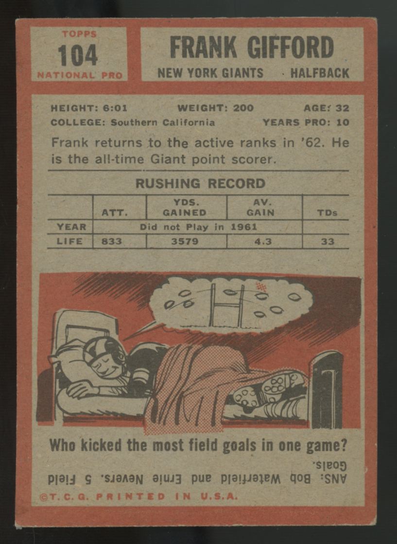 1962 Topps Frank Gifford #104 VG/EX