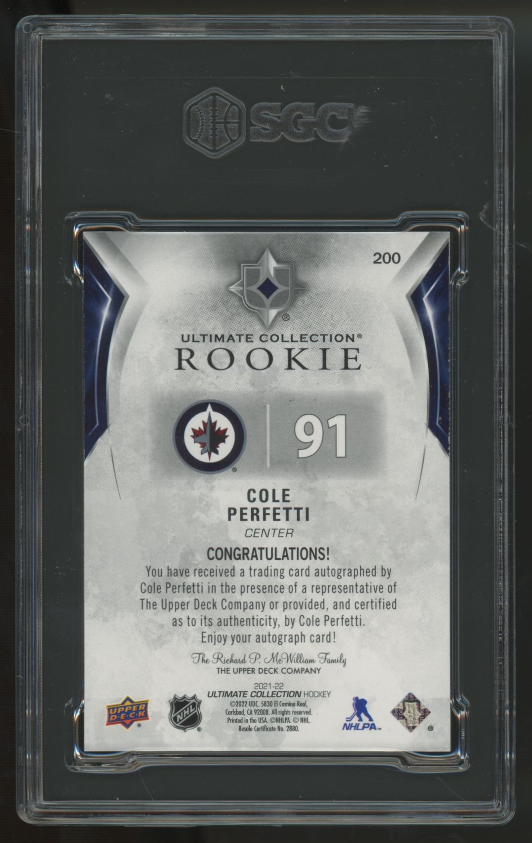 2021-22 Upper Deck Ultimate Collection Cole Perfetti RC Auto /99 #200 SGC 8.5 10
