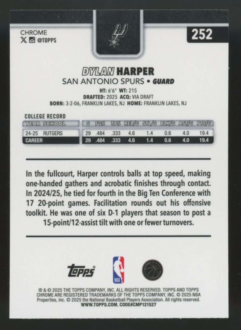 2025-26 Topps Chrome Dylan Harper RC X-Fractor #252