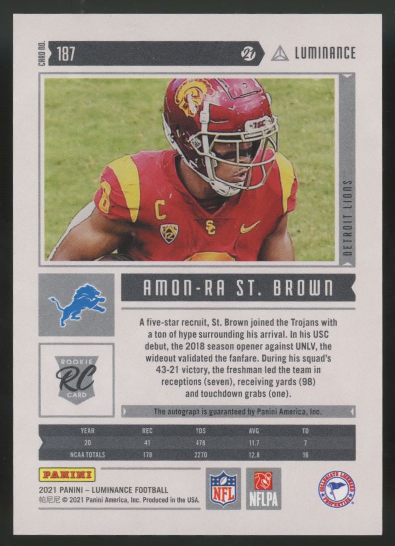 2021 Panini Luminance Amon-Ra St. Brown RC Auto /349 #187