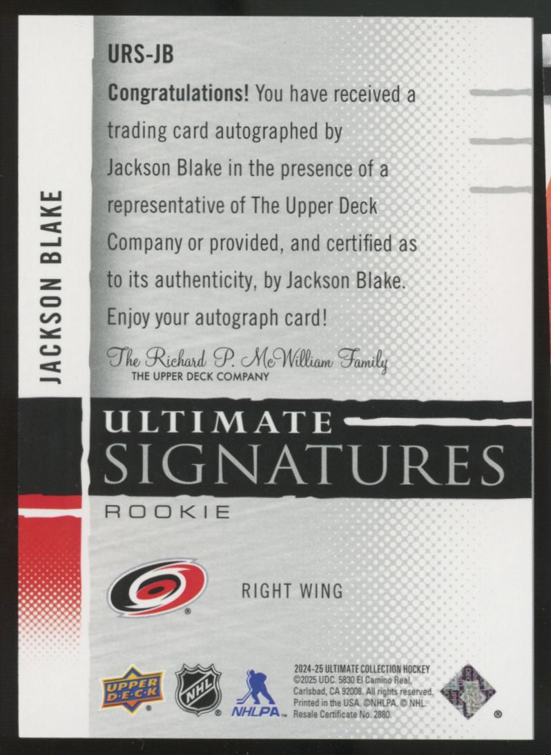 2024/25 UD Ultimate Collection Jackson Blake RC Auto Ultimate Signatures #URS-JB