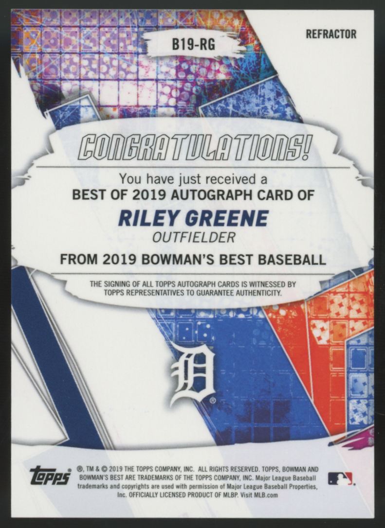 2019 Bowman's Best Riley Greene Best Of '19 Refractor Auto #B19-RG