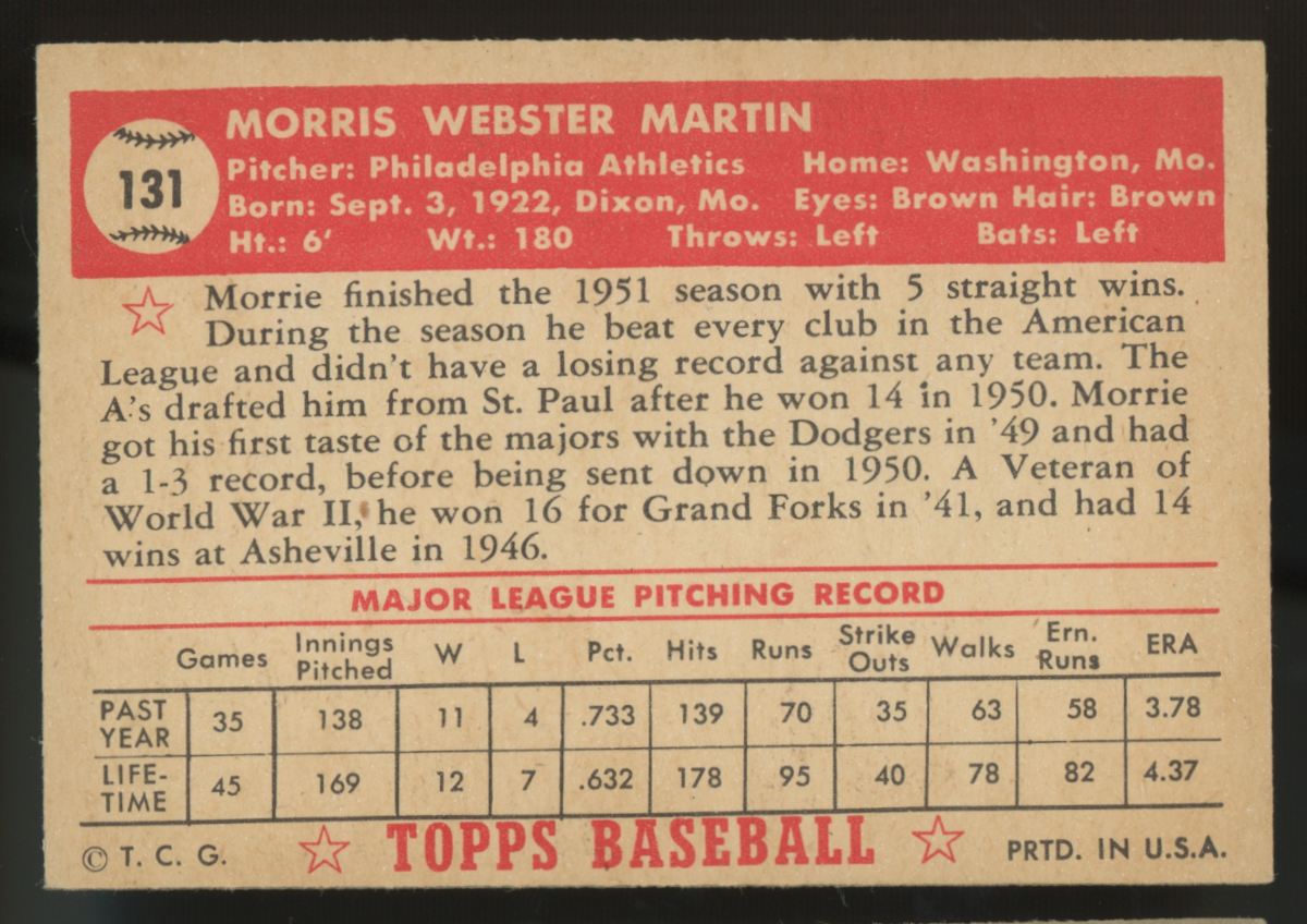 1952 Topps Morrie Martin #131 EX+