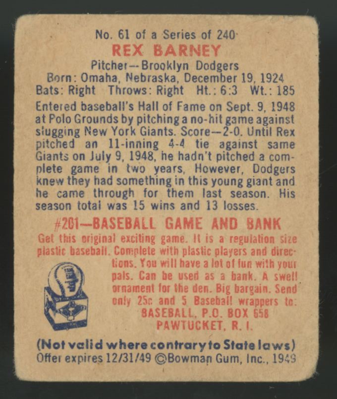 1949 Bowman Gum Rex Barney #61 Good