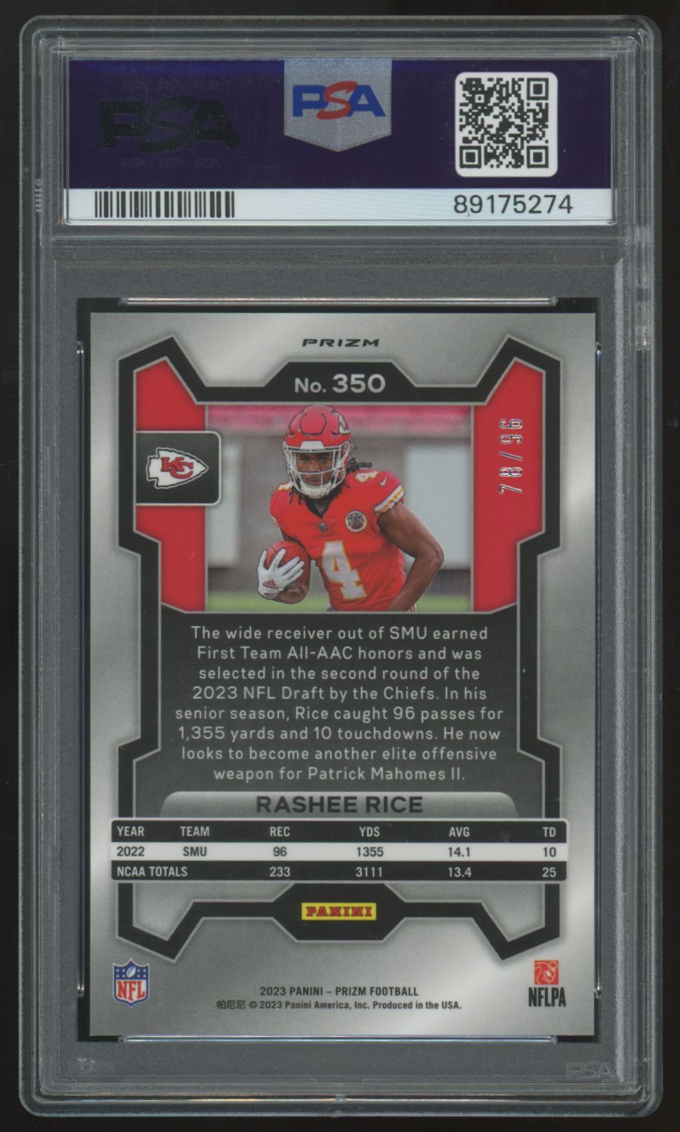 2023 Panini Prizm Rashee Rice RC Blue Sparkle /96 #350 PSA 9