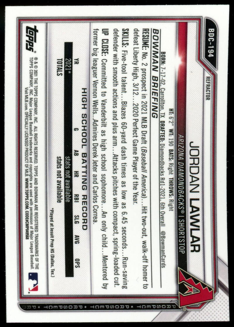 2021 Bowman Chrome Draft Jordan Lawlar 1st Bowman Refractor #BDC-194