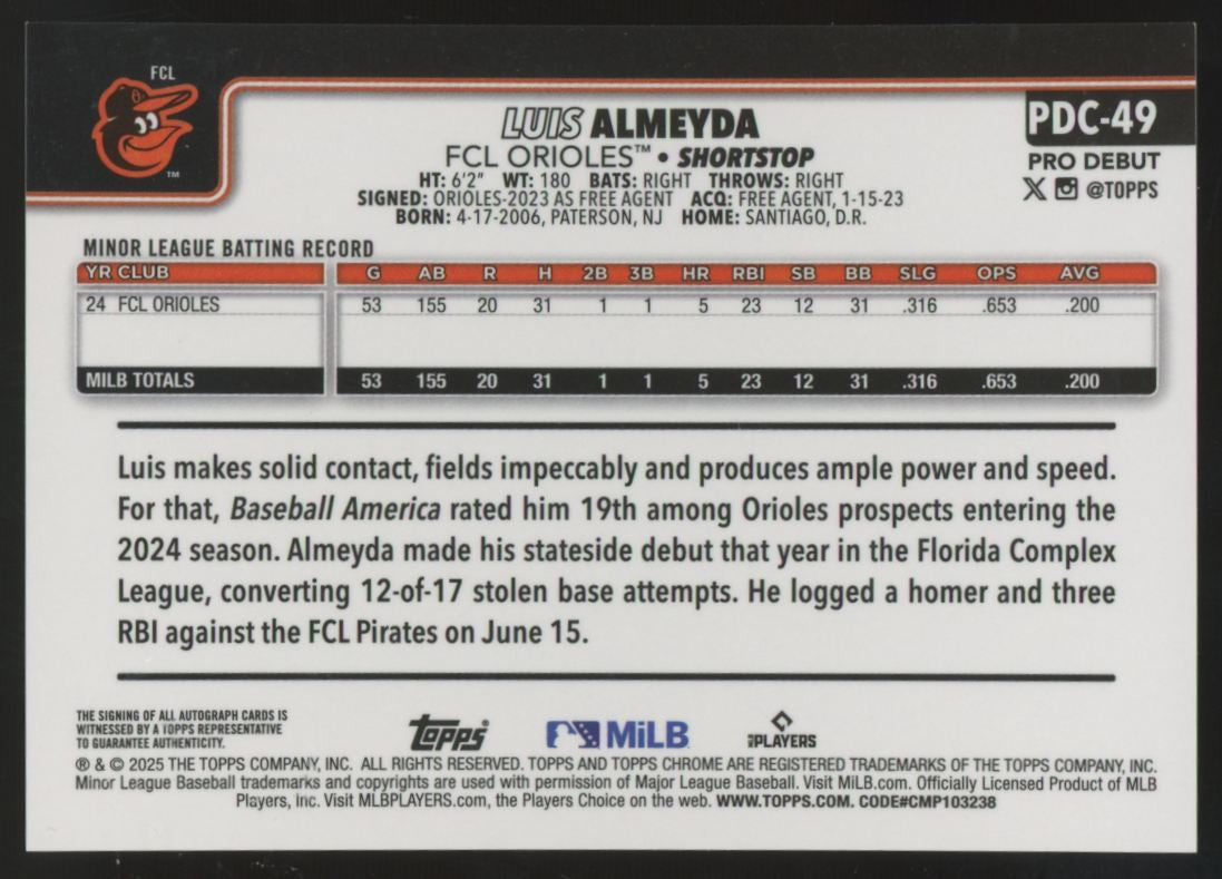 2025 Topps Chrome Pro Debut Luis Almeyda Orange Lava Auto /25 #PDC-49