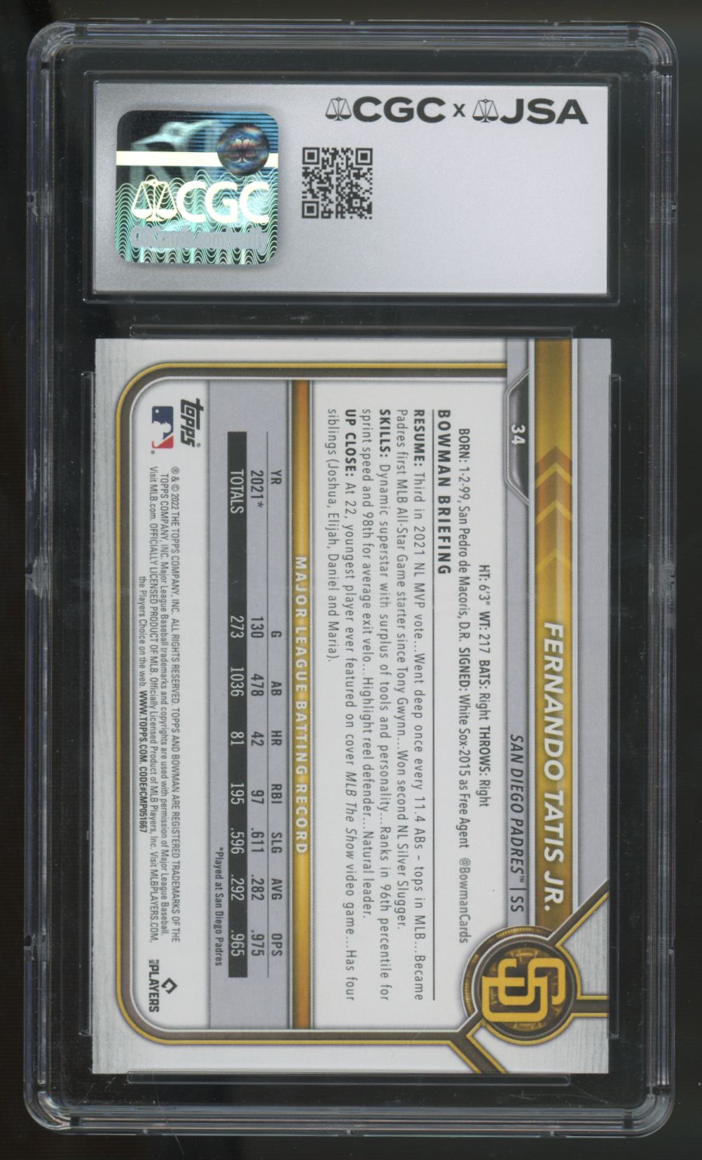 2022 Bowman Fernando Tatis Jr. Signed Auto #34 CGC x JSA Authentic