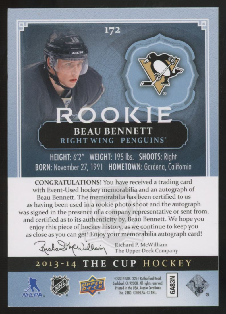 2013-14 Upper Deck The Cup Beau Bennett RC Patch Auto RPA /249 #172