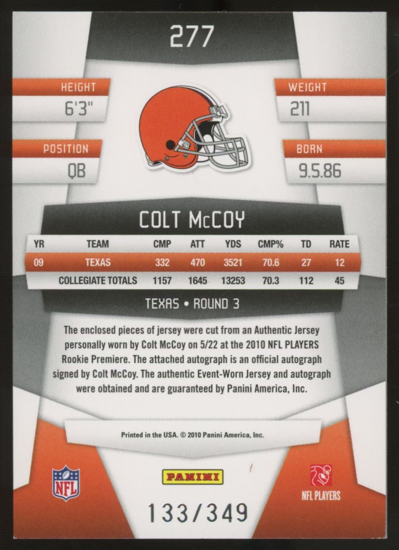 2010 Certified Colt McCoy RC Freshman Fabric Patch Auto RPA /349 #277