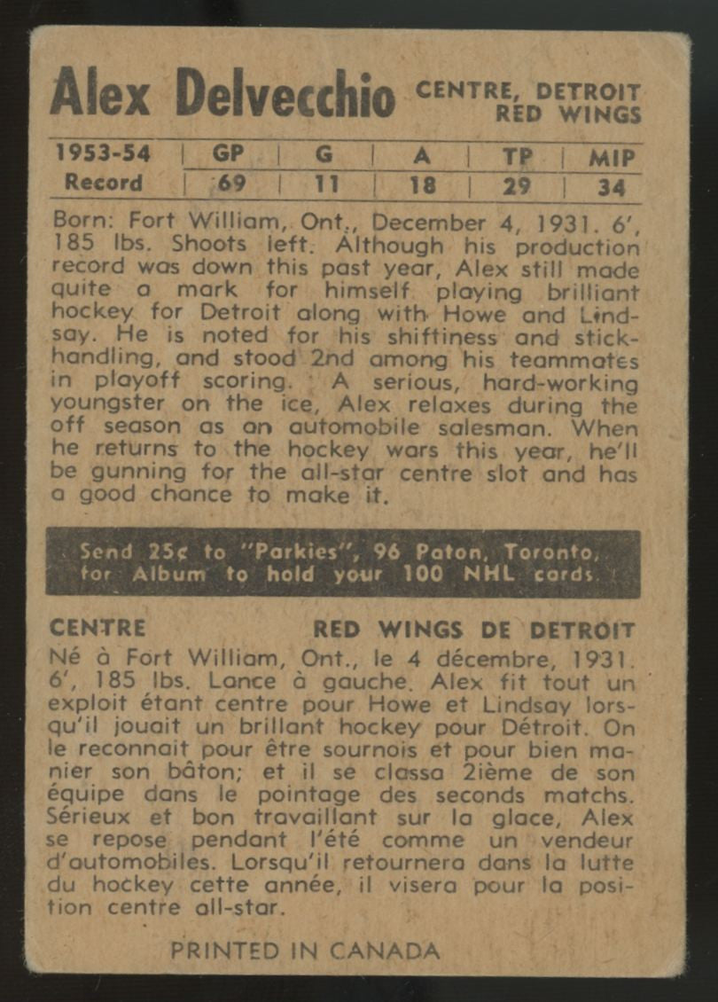 1954-55 Parkhurst Alex Delvecchio #36 Good (Creases)