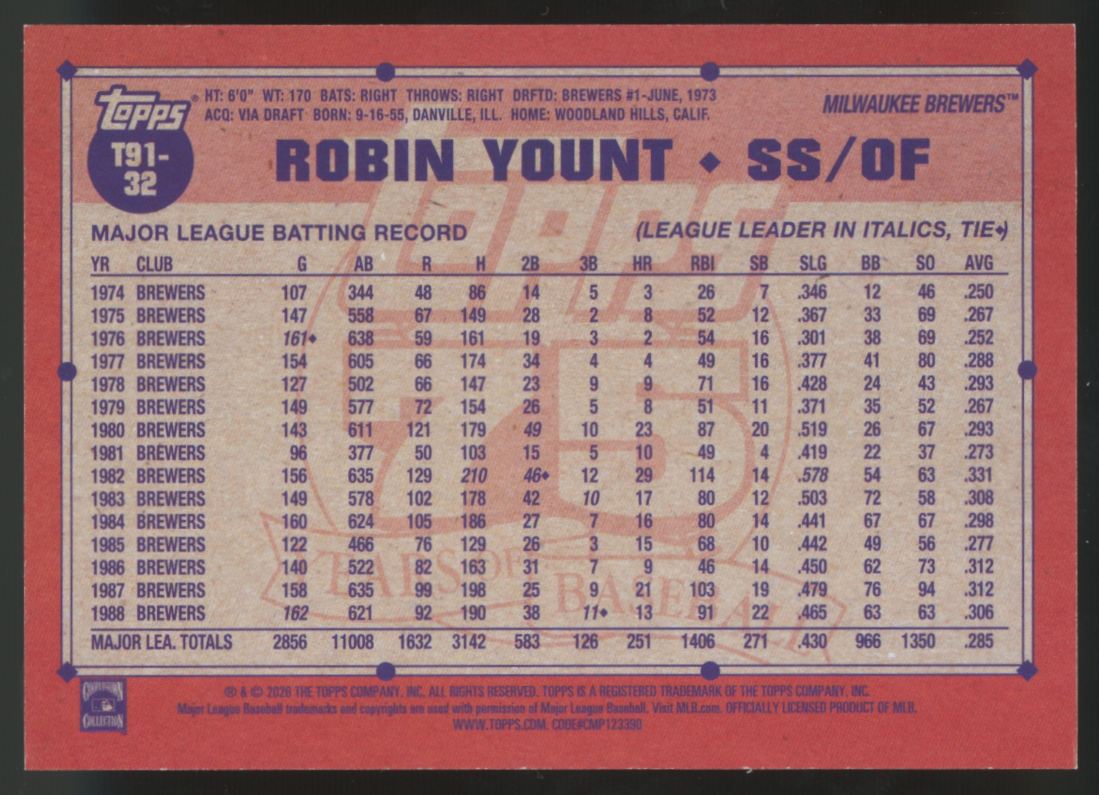 2026 Topps Series One Robin Yount 1991 Orange /25 #T91-32