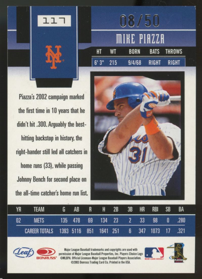 2003 Donruss Leaf Mike Piazza Certified Materials Mirror Blue /50 #117