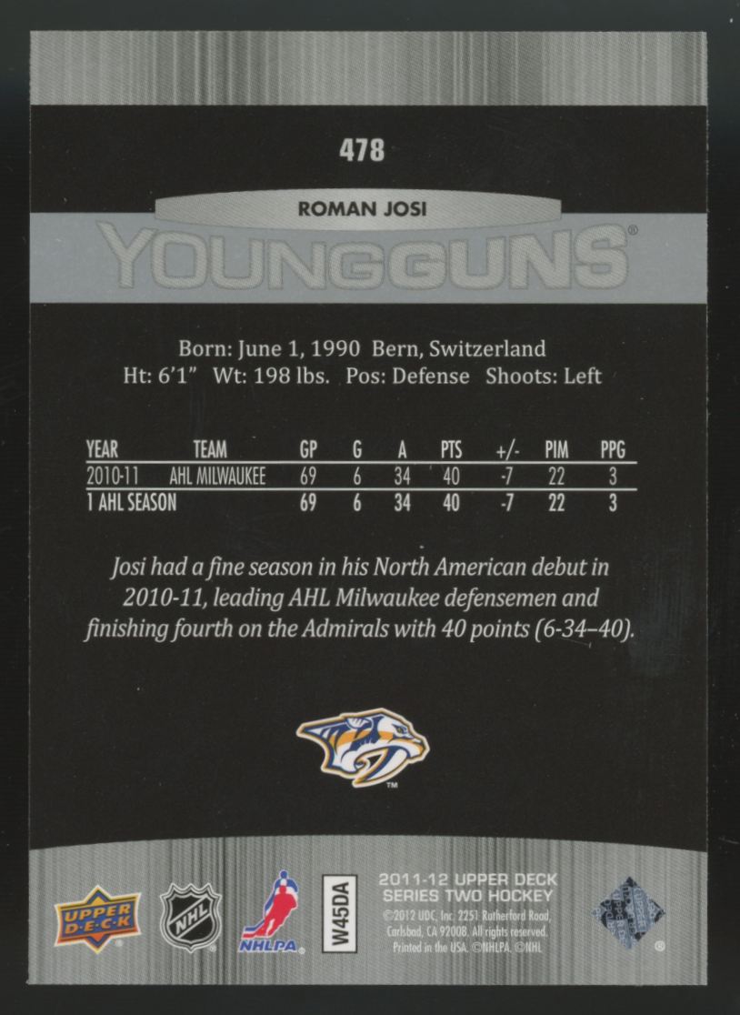 2011-12 Upper Deck Series Two Roman Josi RC Young Guns #478 "A"