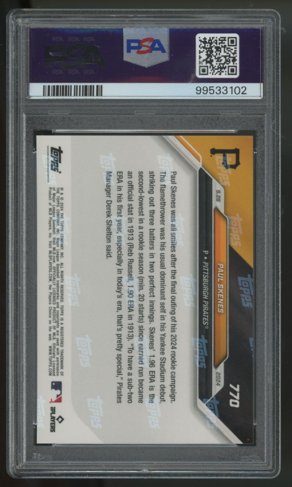 2024 Topps Now Paul Skenes RC #770 PSA 10
